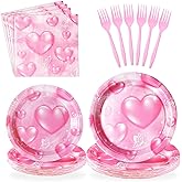 Grencian 96Pcs 2000s Party Decorations Pink Heart Plates and Napkins Disposable Y2k 90s Pink Heart Paper Tablewares Sets for Girls Women Birthday Wedding Y2K Bridal Shower Party Supplies, Serves 24