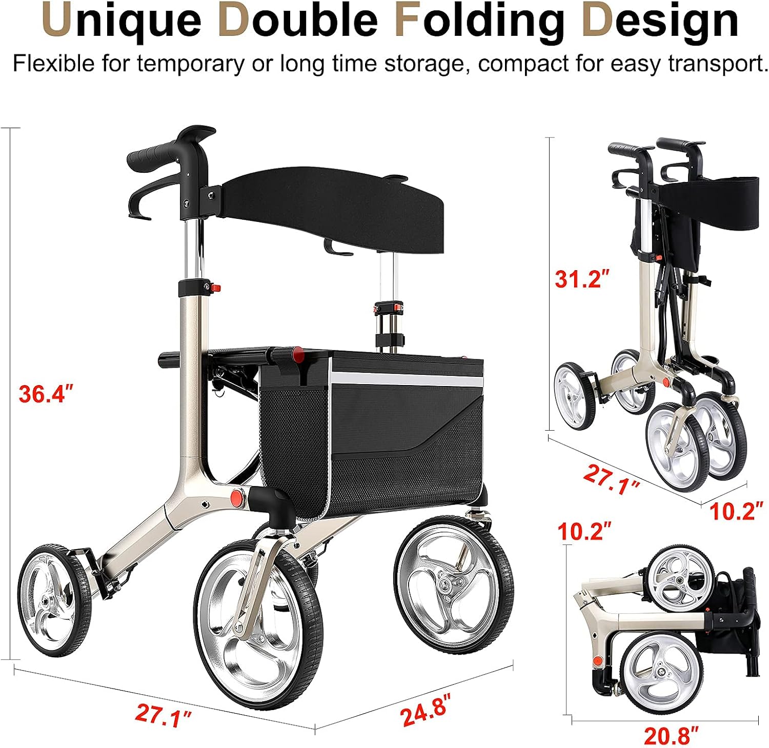 Healconnex Luxury Rollator Walkers for Seniors- Rollator Walker with Bult-in Brake Cable, Rollator Walker with 10"Large Wheels,Padded Seat and Backrest, Lightweight Aluminium Frame, Soft Rubber Handle: Health & Personal Care