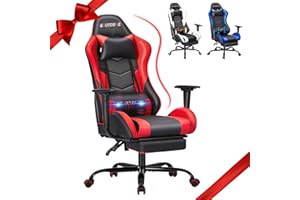 ECOTOUGE PC Massage Gaming Chair with Footrest Ergonomic Office Desk Chair Racing PU Leather Recliner Swivel Rocker with Headrest and Lumbar Pillow,Red