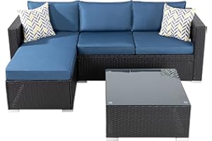 JAMFLY Outdoor Sectional Furniture Sets, All-Weather Patio Sectional Sofa Set with Tea Table and Cushions Upgrade Wicker Patio Conversation Set 3-Piece(Navy Blue)