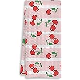 COWEB Pink Cherry Kitchen Towels, Fruit Lover Gifts, Summer Preppy Cute Cherry Fruit Decorative Dish Tea Hand Towels for Kitchen Bathroom, 16x24 Inches