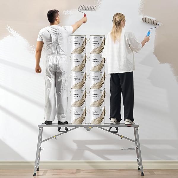 VEVOR WORK PLATFORM, 55″X 15″ PORTABLE SCAFFOLDING PLATFORM, FOLDING STEEL STEP LADDER ADJUSTABLE HEIGHT 27.5”-45.3”, 800 LBS LOAD CAPACITY, NON-SLIP DRYWALL PAINTING STOOL FOR CLEANING &WASHING