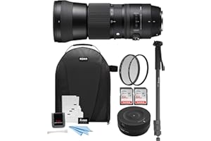 Sigma 150-600mm f/5-6.3 Contemporary DG OS HSM Lens for Nikon DSLR Cameras Bundle with USB Dock, Backpack, 72-inch Monopod, Lens Filters, 64 GB Memory Card (2-Pack), and Cleaning Kit (8 items)
