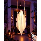 Halloween Decorations Outdoor, 4.5 FT Large Hanging Swinging Ghost Decor | Pre-Assembled Swinging Ghost Outdoor Decor with Light, Remote &amp; Timer, Spooky Ghost Decoration for Front Porch, Yard, Tree