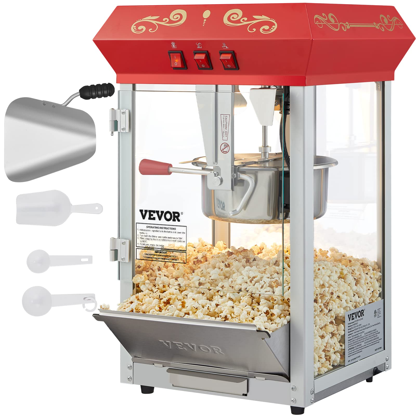 VEVOR Máquina comercial de palomitas de maíz, hervidor de 8 onzas, máquina de palomitas de maíz de encimera de 850 W para 48 tazas por lote, popper estilo teatro con control de 3 interruptores, marco de acero, puertas de vidrio templado, 2 cucharadas, 2 cucharas, rojo