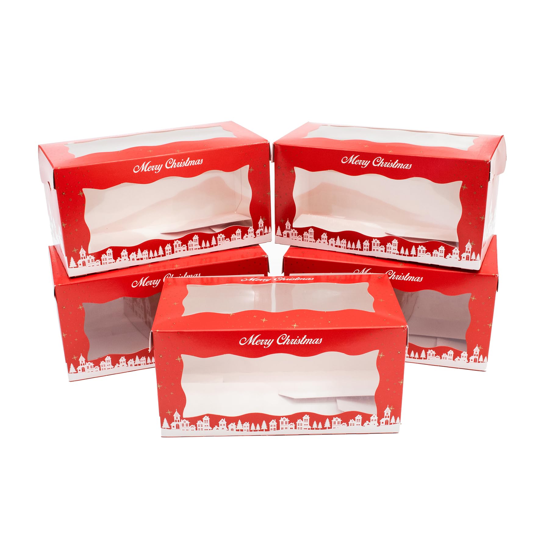 Culpitt Christmas Log Boxes | 5 Pack | Red & Gold Christmas Display Boxes With See Through Window, Strong Cake Boxes For The Festive Holidays | 8" x 4" - 5 Pack