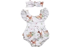 BILO STORE Infant Baby Girl Ruffled Cap Sleeve Sunsuit Romper with Self-Tied Headband 2 pcs Outfit Set