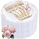 LIYH 200 Pcs Gold Dessert Plates,100 Pcs Appetizer Plates 7.5" and 100 Pcs Gold Plastic Forks 5", Cake Plates, Disposable Salad Plate Wedding Cake Plate Forks for Parties, Birthdays, Wedding