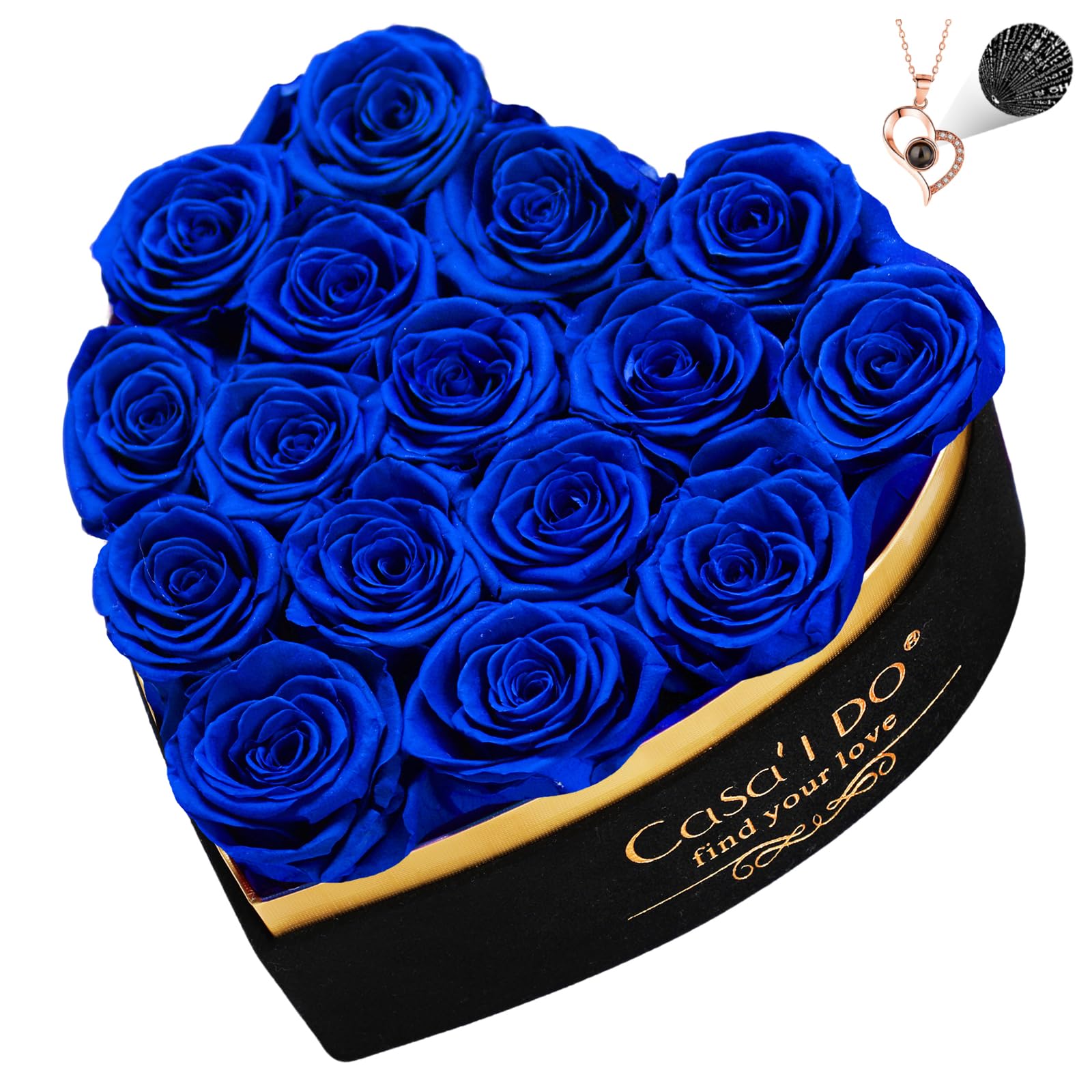 Photo 1 of Casaido Preserved Roses Flowers for Delivery 16 Pcs, Forever Flores in Heart Box with Necklace, Eternal Rose Anniversary Birthday Gift for Women Wife Girlfriend, Rosas for Valentines Christmas, Blue