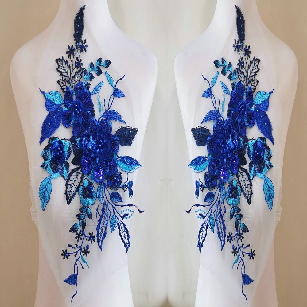Photo 1 of 1 Pairs Three Dimensional Embroidery Hot Drill Sequin Nail Bead Lace Flower Piece Manual DIY Applique Clothing Patch Decorative Lace Accessories (Royal Blue)