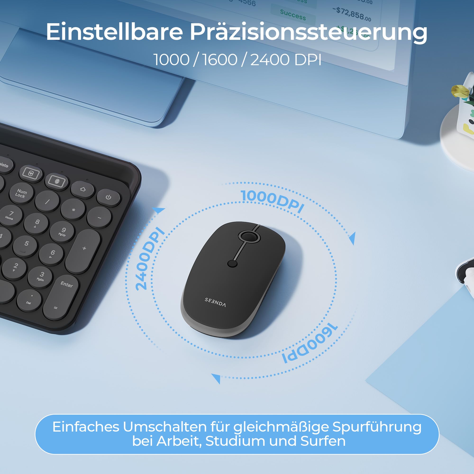 seenda MOU001 Bluetooth Maus, Leise, 3 Geräte Verbindung, Schwarzgrau 5