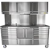 JEGS 72" Rolling Tool Chest Cabinet 11-Drawer with Upper Storage Stainless | (11) Lockable Drawers w/Ball Bearing Soft-Close Slides, (4) Storage Compartments, 3 Upper/1 Lower, Pegboard