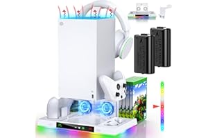 AUARTE LED Cooling Stand and Charging Station for Xbox Series X Console ＆ Controller, Cooling Fan Station for Xbox Series X Accessories with 2X 1400mAh Rechargeable Battery Pack, 15 Light Modes, Snow White