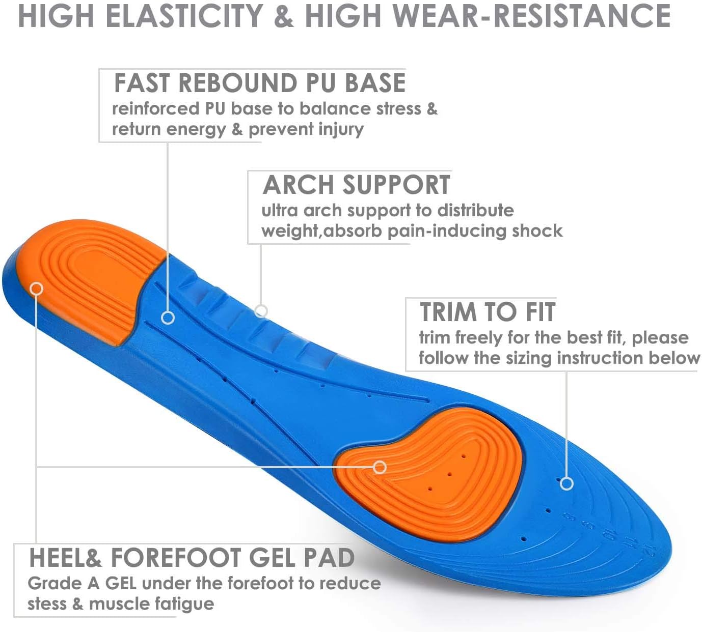 BRILLIRARE Insoles, Arch Support Orthotics, Heavy Duty Shoe Insert, Full Length Shoe Insole to Distribute Weight and Absorb Shock, Relieve Foot Pain for Running, Men's 8-13 Women's 10-15, Blue: Health & Personal Care