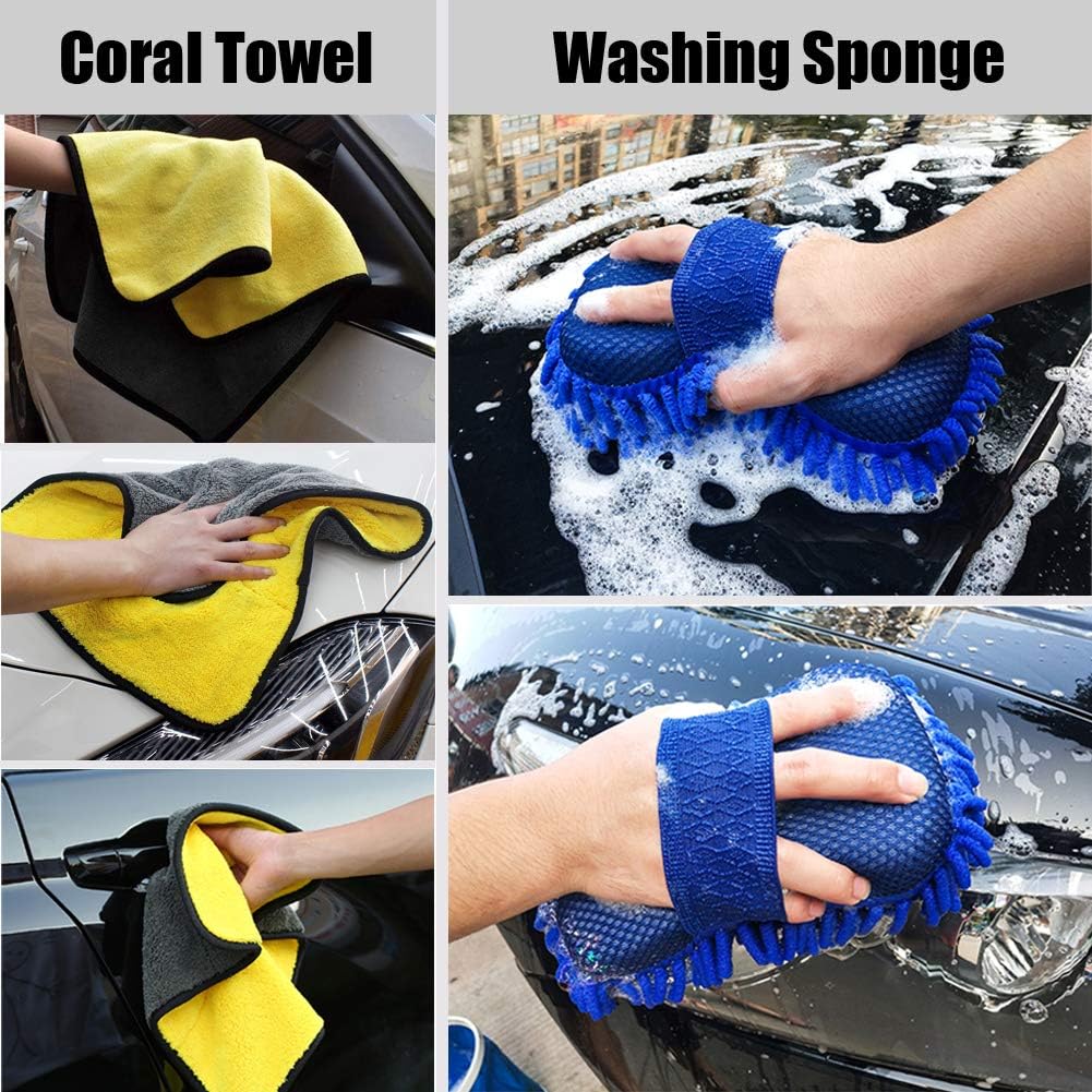 Snow Eagle-L 10Pcs Car Cleaning Tools Kit, Car Wash Tools Kit for Detailing Interiors Premium Microfiber Cleaning Cloth - Car Wash Sponges - Tire Brush - Window Water Blade: Automotive