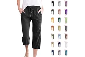 NARHBRG Womens Summer Capri Pants Casual Cotton Linen Tapered High Waist Drawstring Cinch Bottom Loose Trouser with Pockets