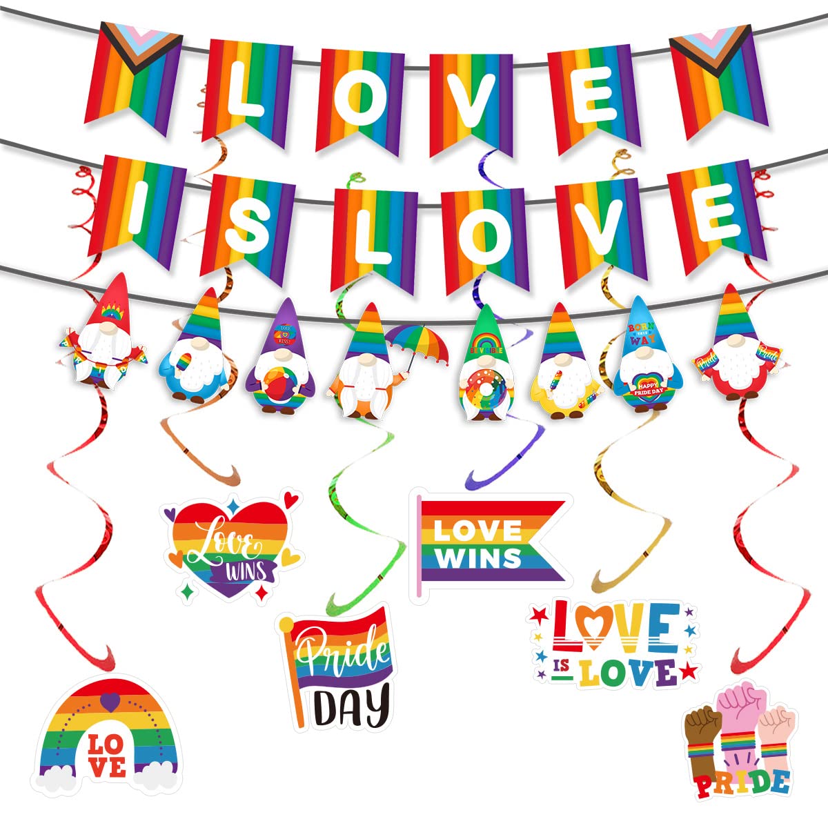 Pride Party Decorations,Pride Day Flag Bunting With Rainbow Hanging Swirls,Gay Lesbian LGBT "LOVE IS LOVE" Flag Banner For Pride Month Party Celebration Outdoor Bar Street Parade Carnival Home Decor