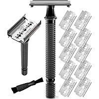 Long Handle Double Edge Safety Razor - Butterfly Open Razor with 10 Japanese Stainless Steel Double Edge Safety Razor Blades