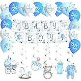 Blue Baby Boy Shower Decorations, Baby Boy Banner Blue White Balloons Banner Hanging Swirls Welcome Baby Banner Baby Shower Decorations Gender Reveal Decor A Sweet Baby is on His Way Party Supplies