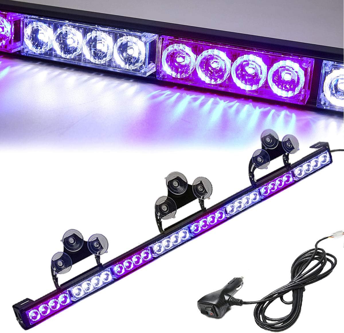 White/Purple Emergency Strobe Light Bar 36 In 13 Flash Patterns Traffic Advisor Warning Hazard Windshield Safety Lights Bar with Cigar Lighter for Vehicles, Truck (35.5 Inch, White/Purple 32 Led)