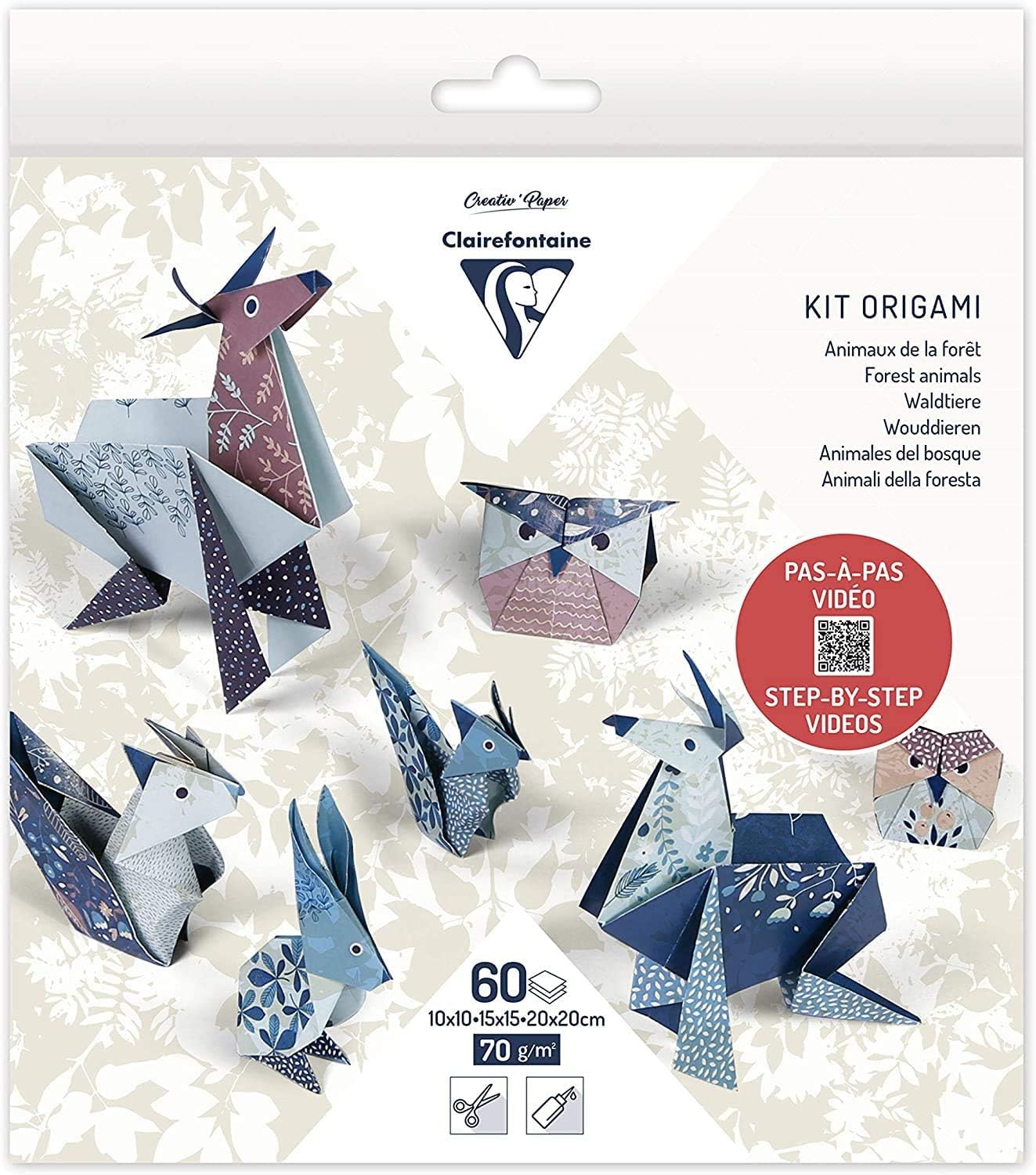 Clairefontaine 95368C Kit of 60 Sheets Origami Paper 70g/m² 3 Sizes 10x10cm 15x15cm 20x20cm Step-by-Step 4 Different Designs Including 5 Illustrations Animals, white, ivory
