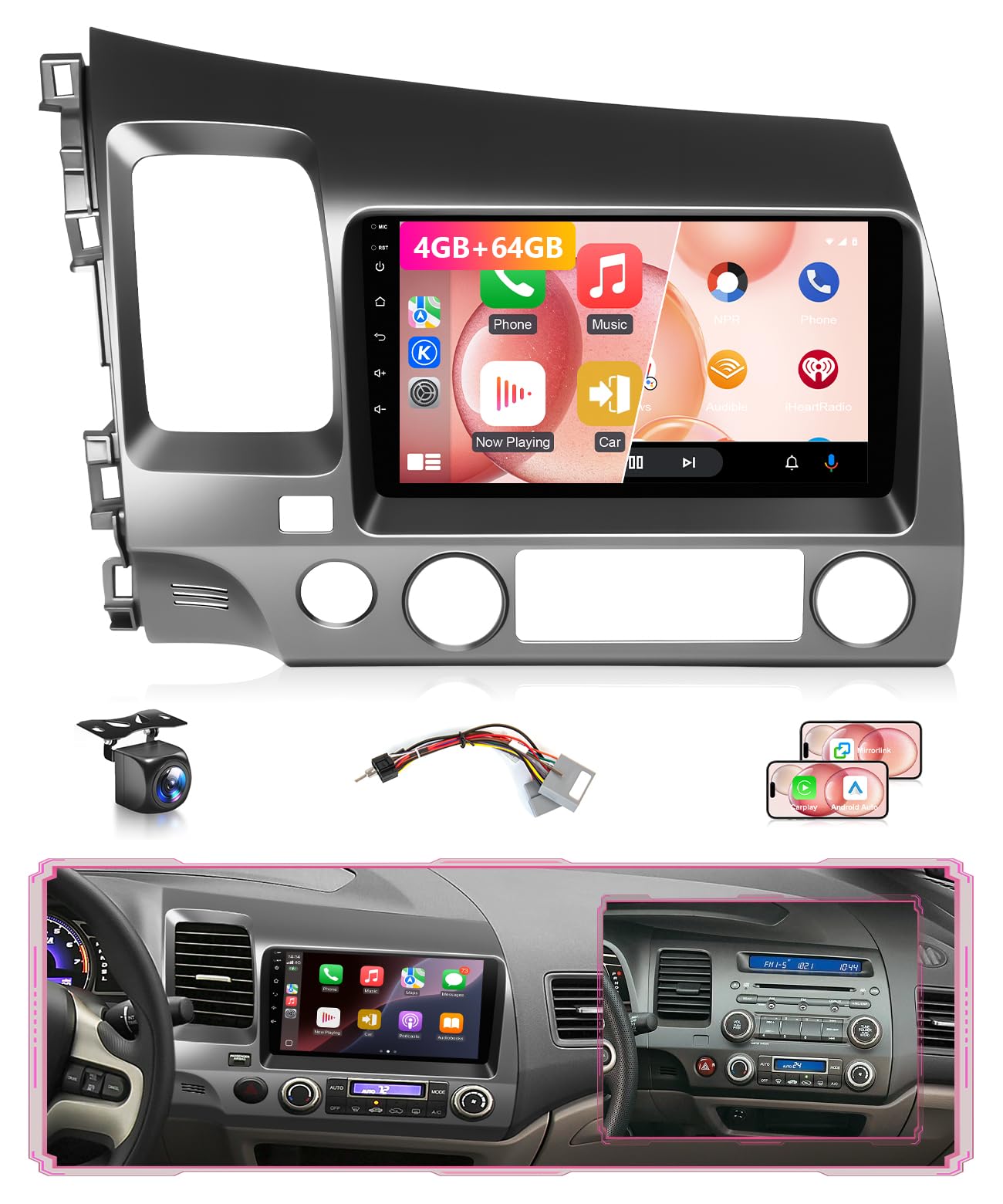 Photo 1 of Wadpon 8Core 4G + 64G Android Car Stereo for Honda Civic 2006 to 2011 Apple CarPlay Android Auto, 9IN IPS Touch Screen for Civic Head Unit 5G WiFi GPS Navi FM RDS EQ DSP Audio Receiver SWC Camera