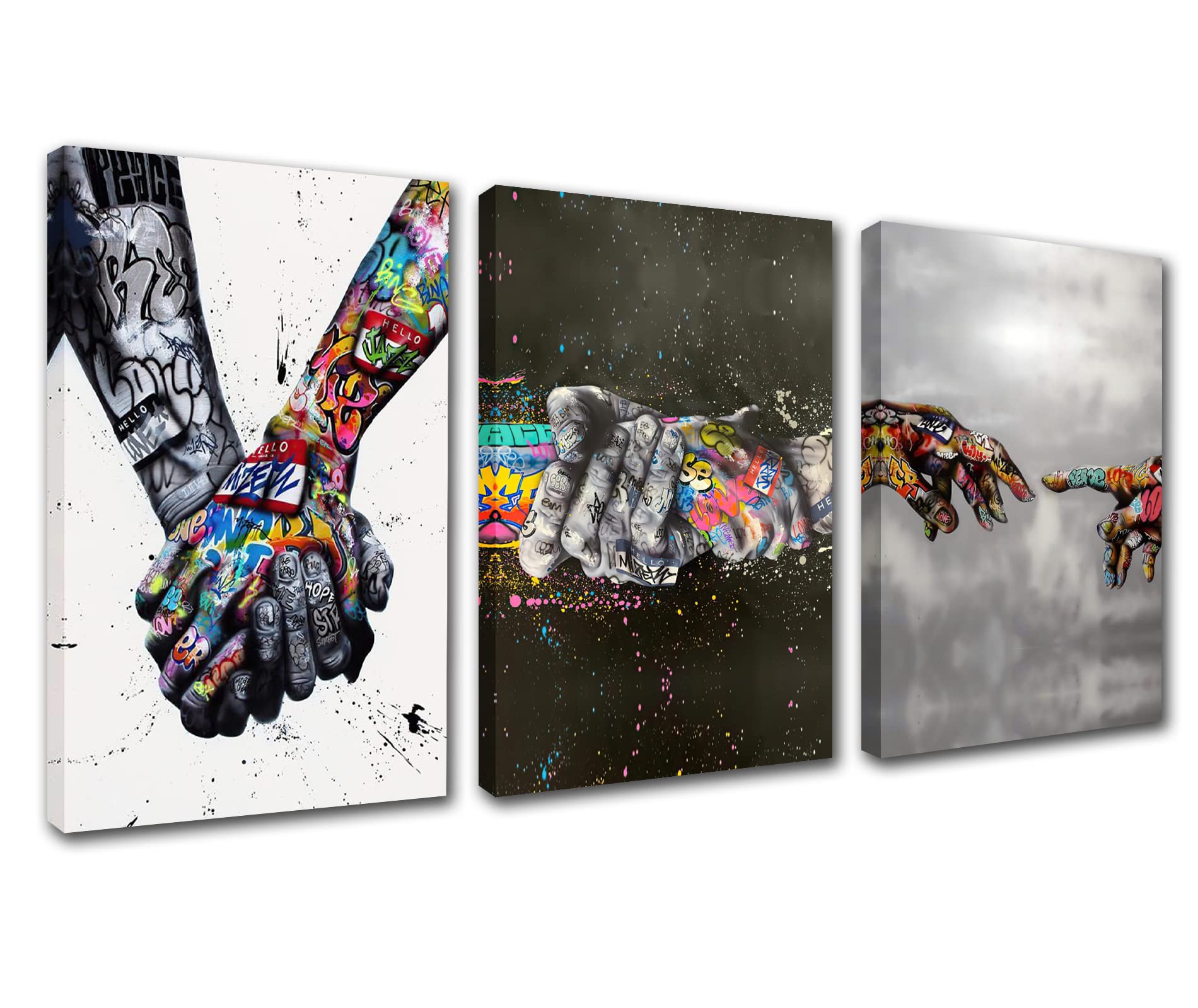 Adam Hand of God Pictures Friendly Holding Hands Art Paintings Banksy Graffiti Artwork Peace Hand Wall Art 3P Living Room Home Modern Decor Wooden Framed Ready to Hang Poster and Prints(42''Wx20''H)