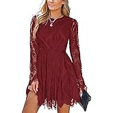 CUPSHE Women's Sheer Insert Scallop Trim Lace Coaktail Dress Long Sleeve Flared A-Line Mini Dresses