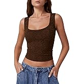 QINSEN Women's Lace Trim Square Neck Sleeveless Double-Layer Tank Top