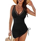 Vivola One Piece Swimdress Swimsuits for Women Tummy Control Swim Skirt Bathing Suit V Neck Mesh Sheer Wraps Swimwear