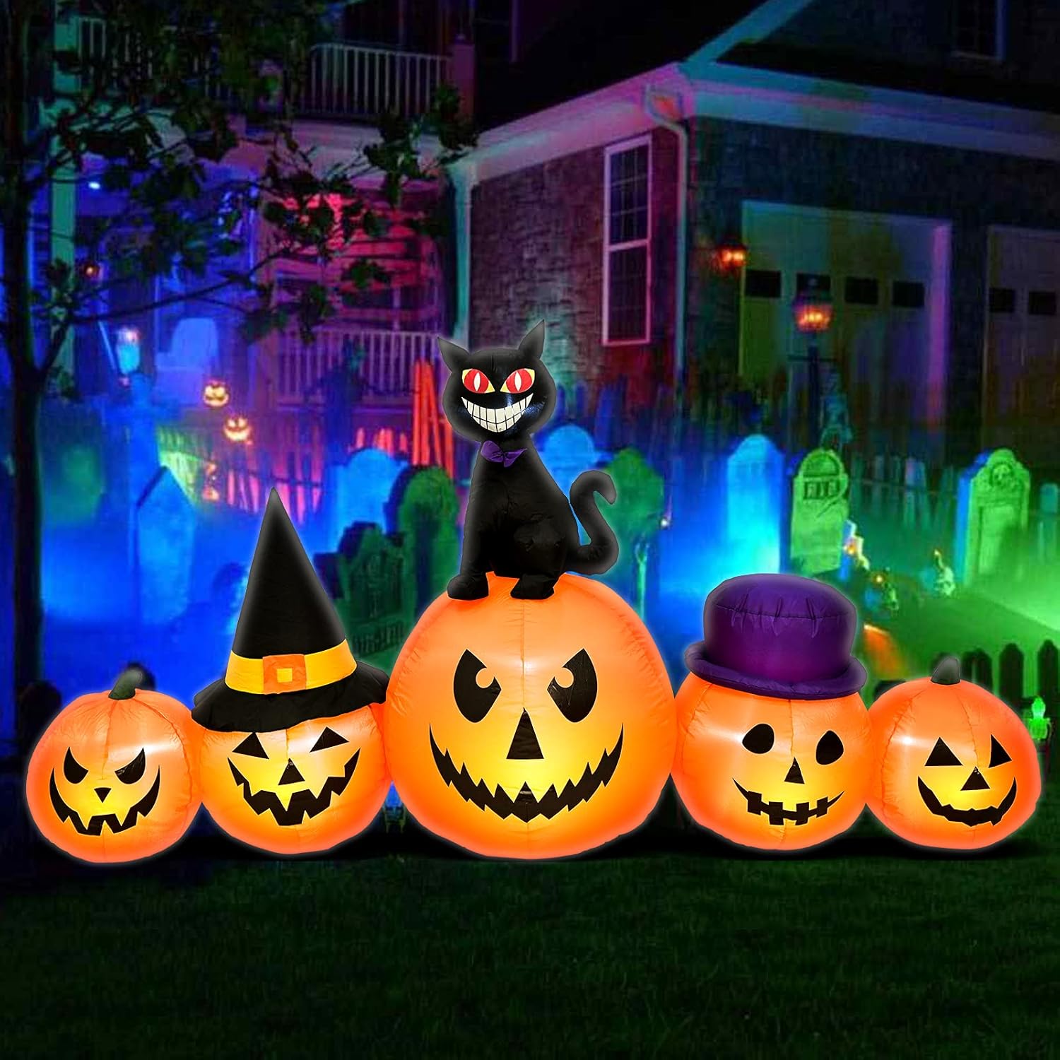 Outdoor Holiday Decorations - Halloween Inflatables 8 FT Outdoor Decoration Pumpkins with Witch's Hat and Black Cat - LED Lights Blow Up for Halloween Party Indoor Outdoor, Yard, Garden, Lawn, Stage Prop Decoration