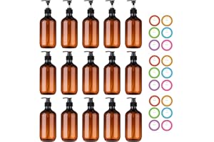 MCUPPER 15 Pack Amber Plastic Bottles with Pump Dispenser, 16 oz Plastic Pump Bottle Dispenser, Shampoo Bottles Refillable with Pump, Soap Dispenser, Refillable Containers for Lotion, Essential Oil