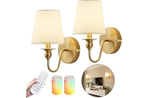 NUANSHUED Battery Operated Wall Sconces set of Two,Wireless Wall Sconces with 10000mAh Dimmable Bulb and Remote,LED 15 Colors Rechargeable Gold Wall Sconce with Fabric for Bedroom Living Room Hallway Wall Decor
