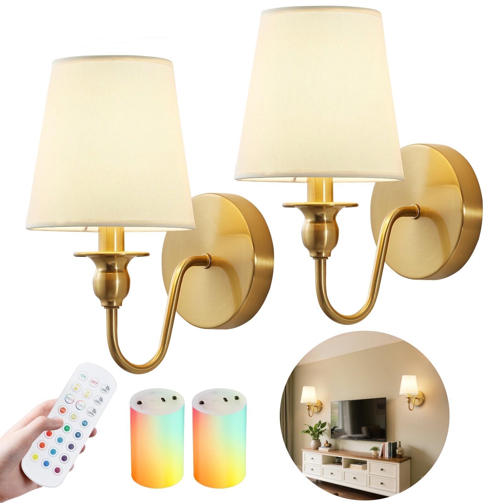 Photo 1 of Battery Operated Wall Sconces set of Two,Wireless Wall Sconces with 10000mAh Dimmable Bulb and Remote,LED 15 Colors Rechargeable Gold Wall Sconce with Fabric for Bedroom Living Room Hallway Wall Decor