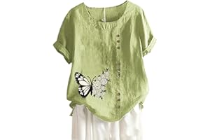 ATTINE Holiday Shirts for Women Dressy, Women's Plus Size Linen Tops Short Sleeve Blouse Round Neck Casual Loose Fit Shirts