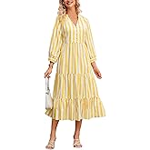 Ladyful Womens Striped Midi Dress 3/4 Sleeve Casual Flowy Tiered Long Dress V Neck Beach Sundress
