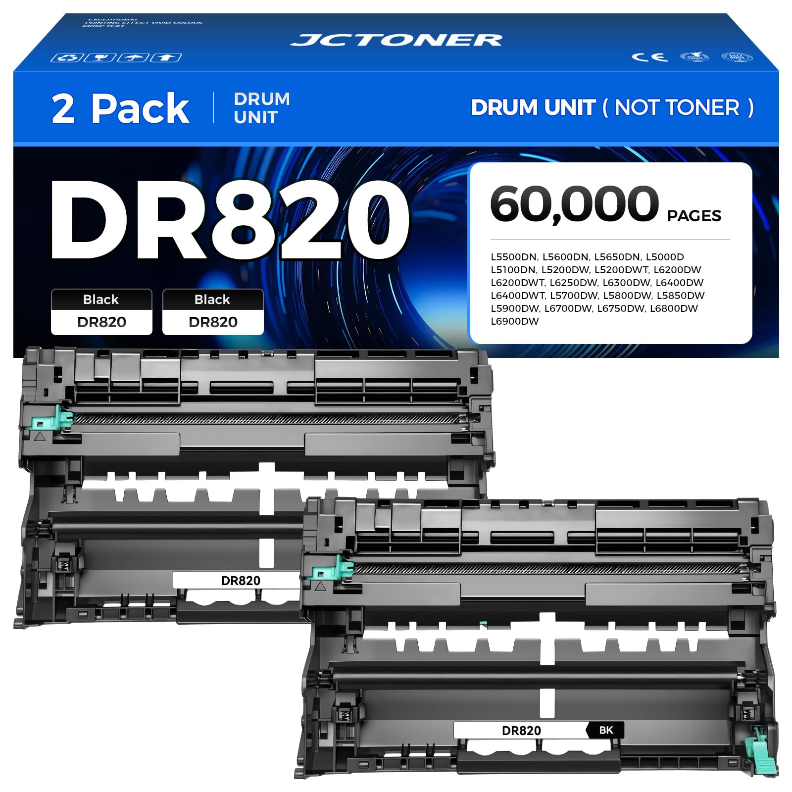 Photo 1 of DR820 Drum Unit (Not Toner) 2-Pack Replacement for Brother DR-820 Imaging Drum Compatible for HL-L6200DW L6200DWT L5200DW L5100DN L5000D L6400DW MFC-L5800DW L5700DW L6700DW L6800DW DCP-L5600DN Printer