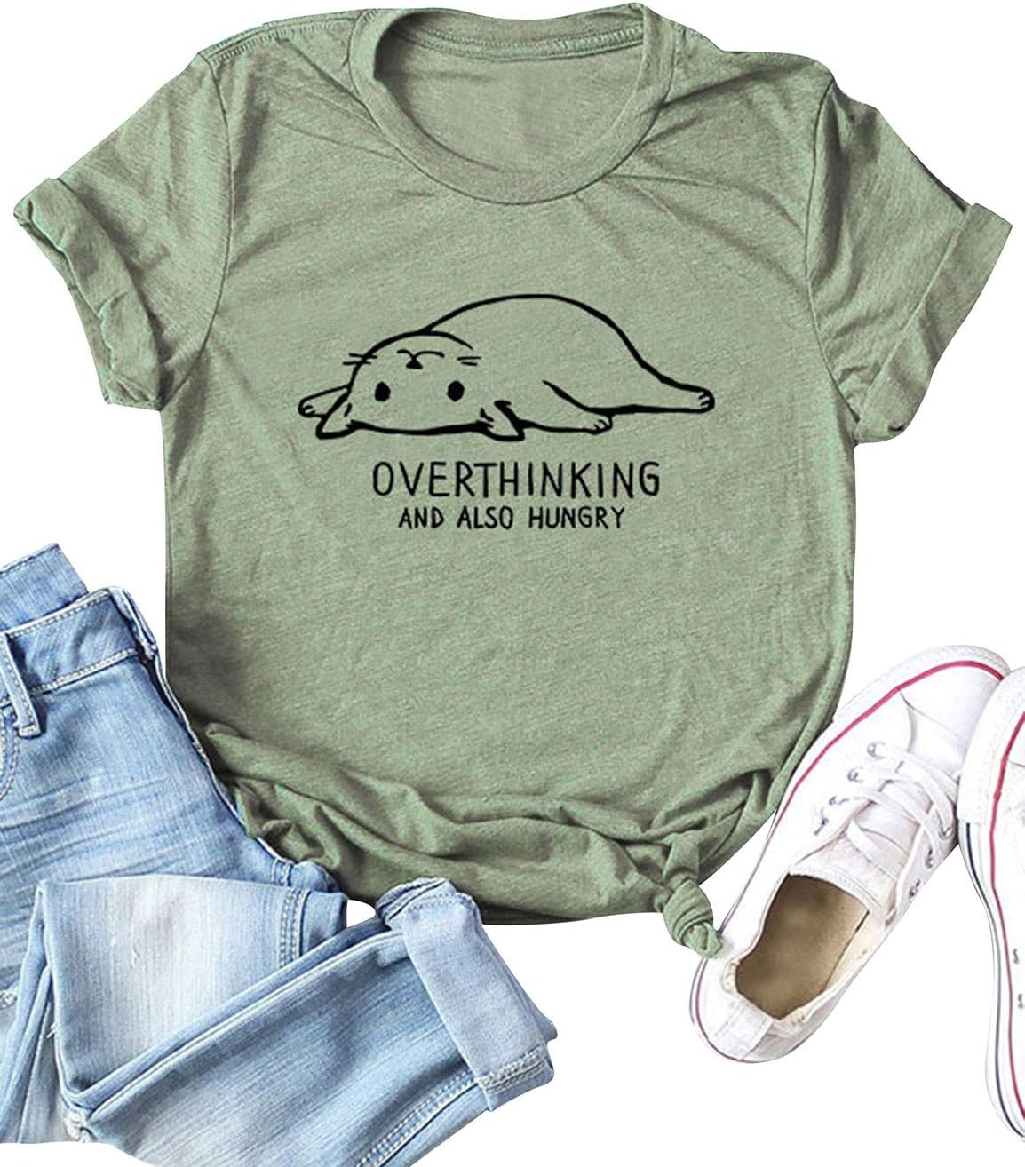 ZJP Women Short Sleeve Cat Print Tee Not Today Solid Color Graphic Print T-Shirt Tops