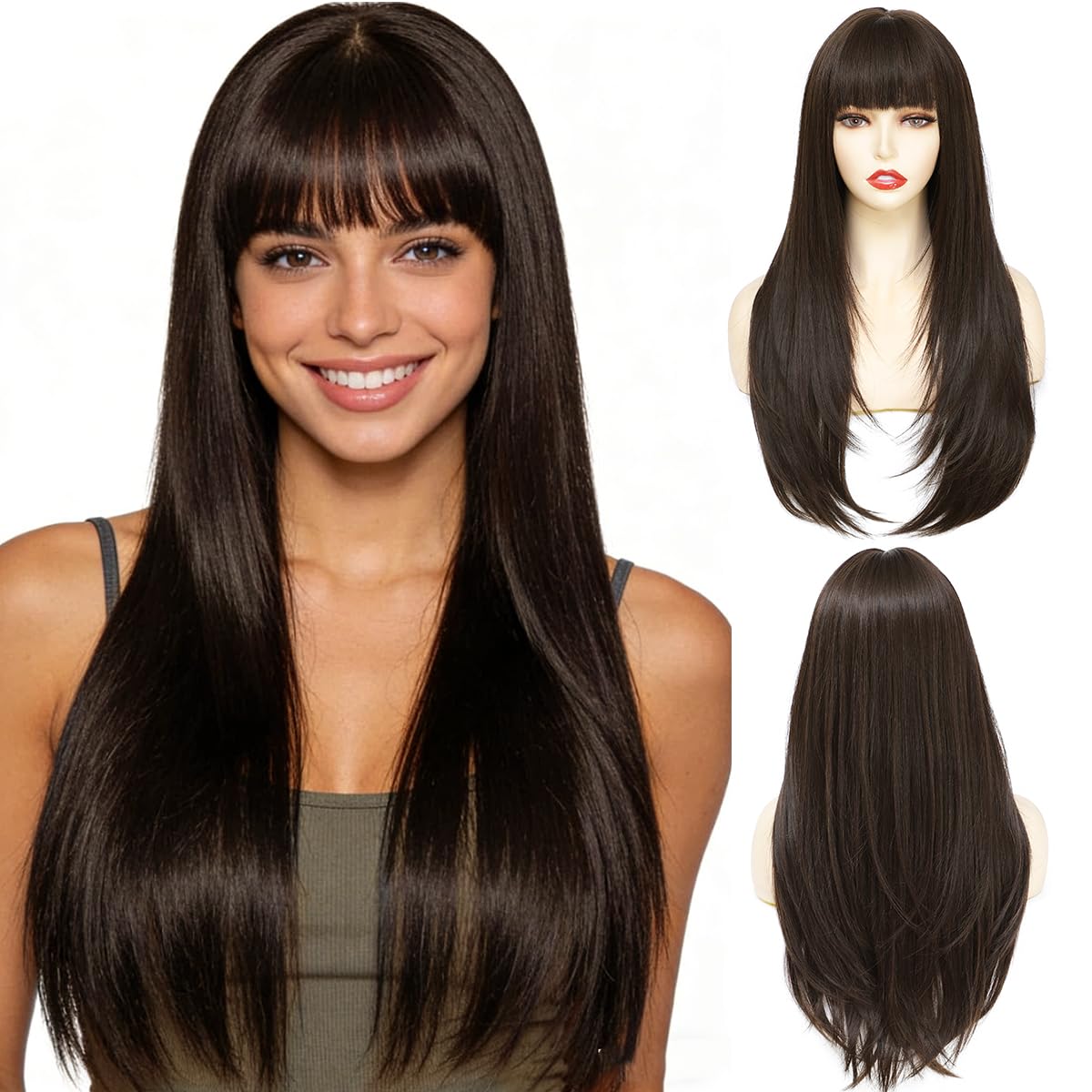 Yamel Hair Wigs with Fringe Dark Brown 24 Inch Adjustable Cosplay or Daily Natural Straight Long Wigs for Women Lady
