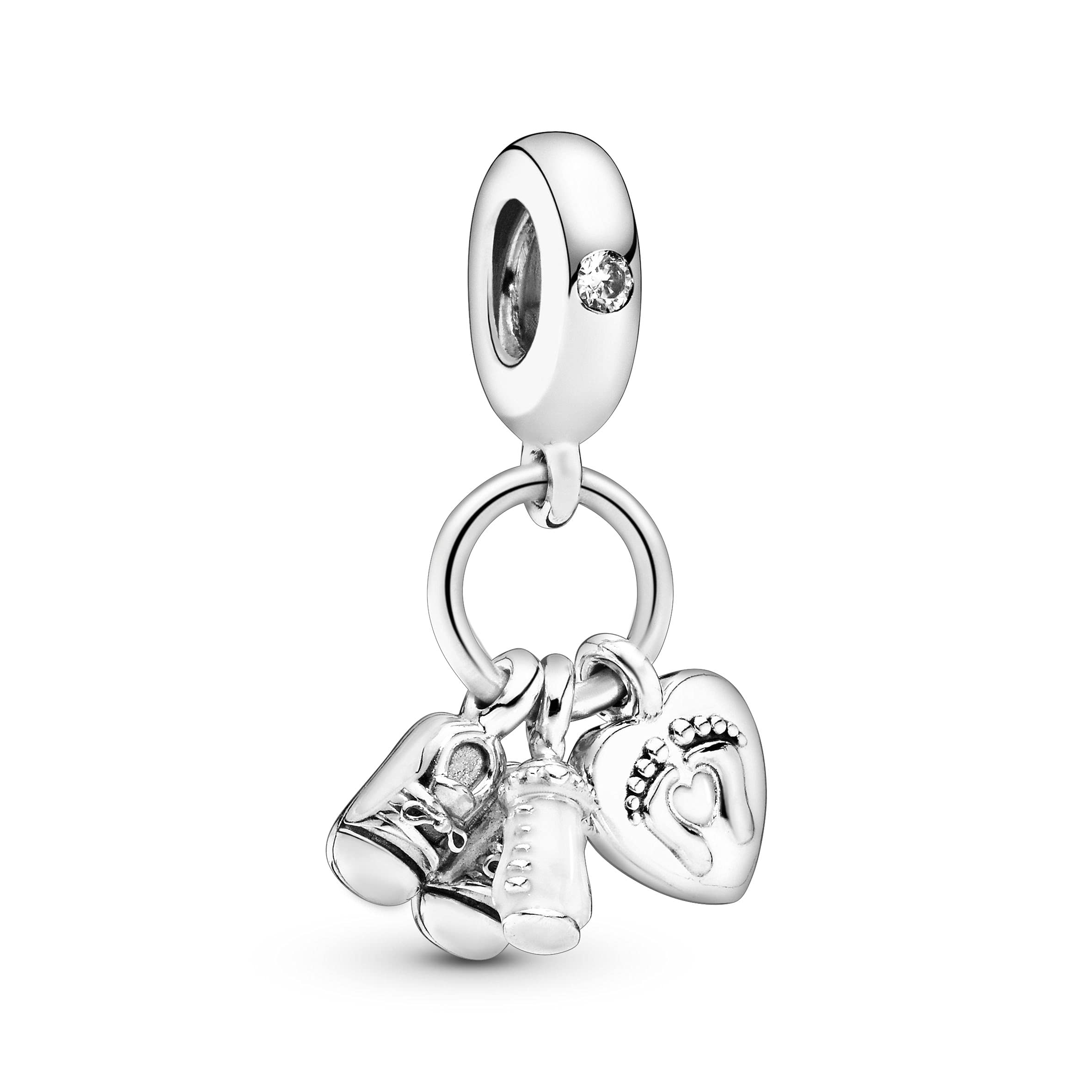 PANDORA Moments Women's Sterling Silver Baby Bottle and Shoes Cubic Zirconia Dangle Charm for Bracelet, No Box