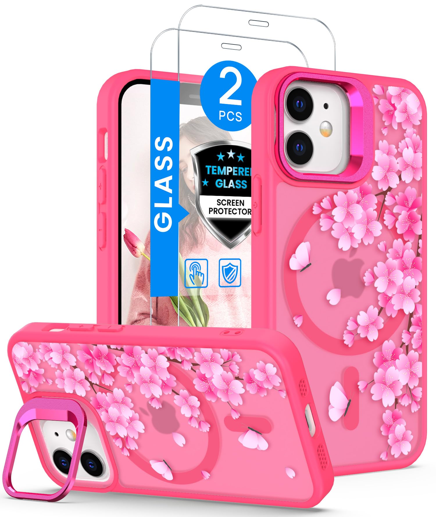 Dretal for iPhone 12 Mini / 13 Mini Case Floral,with Screen Protector,Camera Stand,Military-Grade Protection,Translucent Matte Magnetic Shockproof Flower Pattern Case for Women Girls - Hot Pink