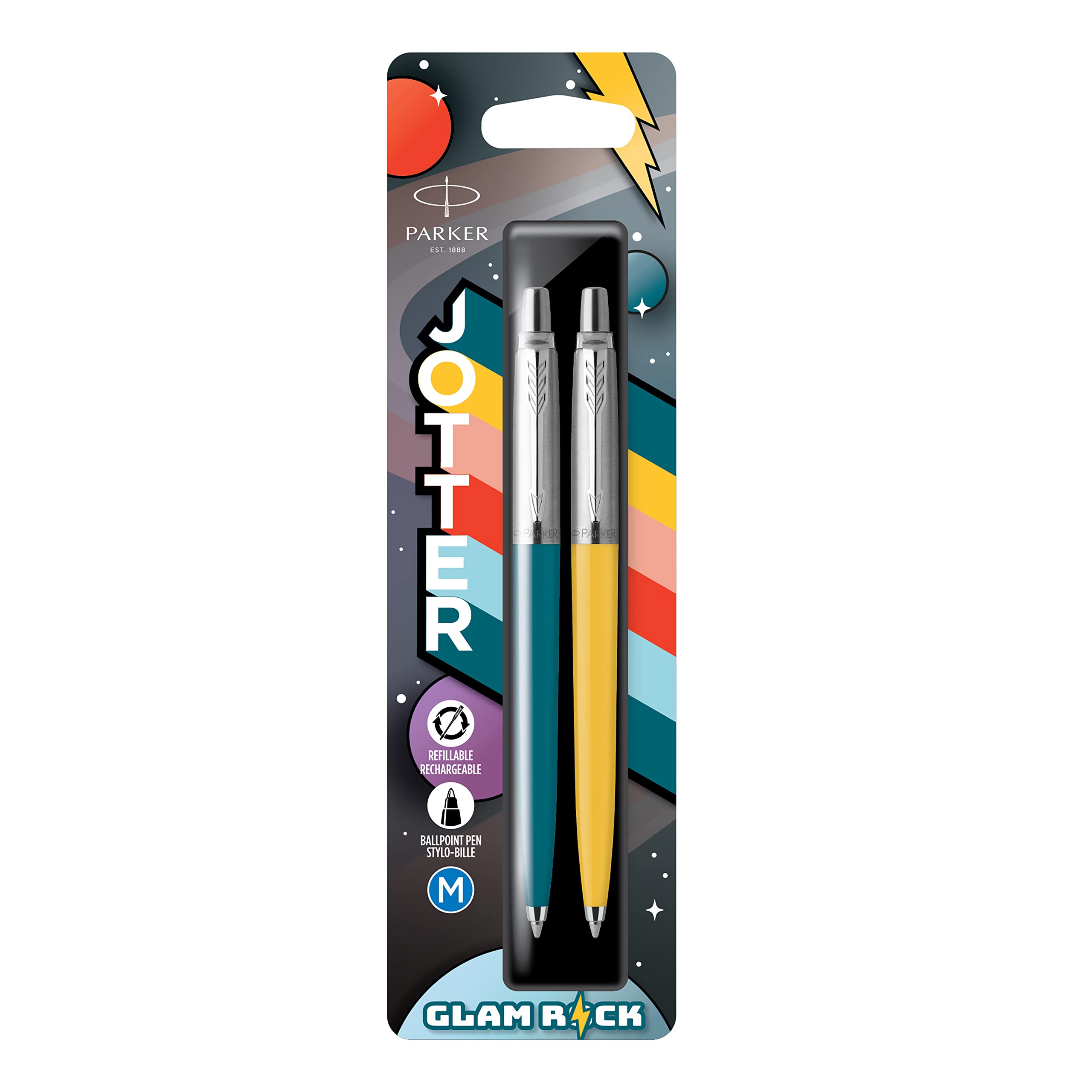 Parker Jotter Originals Ballpoint Pens | Glam Rock Collection | Peacock Blue & Sunshine Yellow | Blue Ink | 2 Count