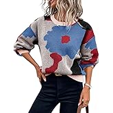 chouyatou Women's Cute Floral Printed Color Block Pullover Sweater Casual Crewneck Knit Jumper Tops