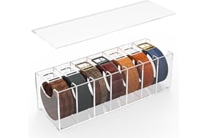 SAMYUCHO Belt Organizer for Closet Acrylic Belt Organizer Box for Women Belt Storage Organizer for Men with Cover 7 Compartments Tie and Belt Holder Hanger Rack Display Case Box for Drawer