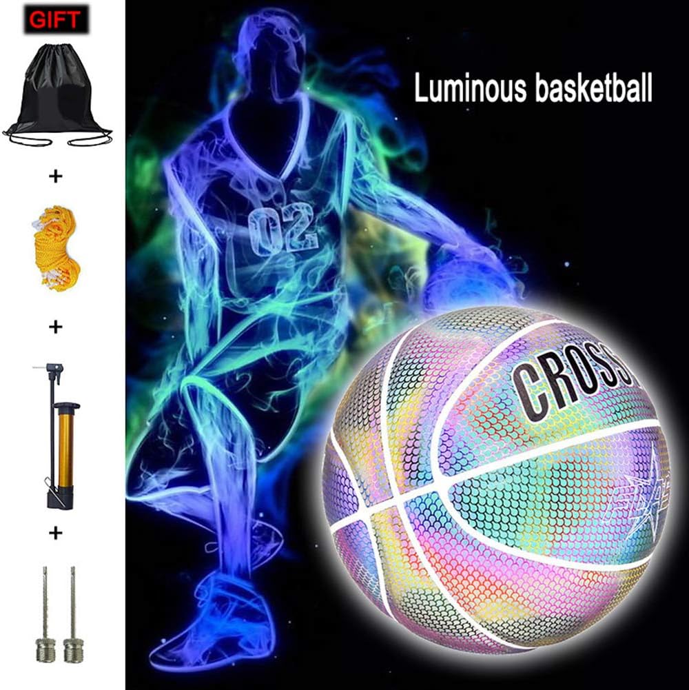 Roche.Z HoloHoops Holographic Glowing Reflective Basketball Luminous Basketball Training Basketball Night Game Street PU Glowing Rainbow Suitable for Nighttime Low Light Use
