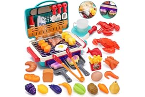 HOLYFUN 42Pcs Kids BBQ Grill Toy, Barbecue Kitchen Cooking Playset with Realistic Spray, Light & Sound, Color Changing Play Food & Dishes Toy, Pretend BBQ Accessories Set for Girls Boys Toddler