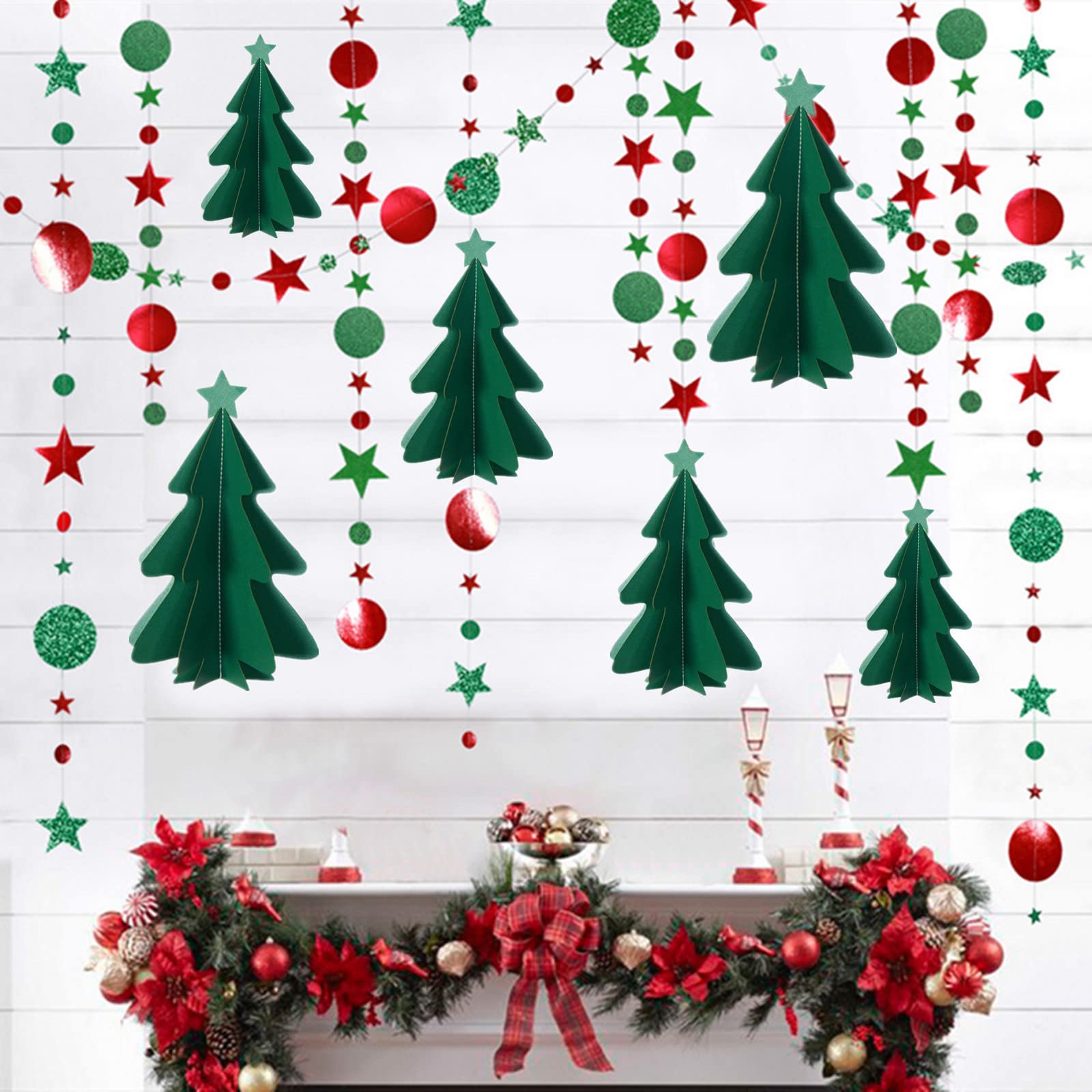bng-bng Christmas Tree Bunting Streamers Party Decorations 3D Xmas Tree Green and Red Banner Garlands for Christmas Winter Holiday New Year Party Home Office Decorations Supplies