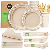 Gezond Compostable Paper Plates Set 250pcs Disposable Sugarcane Plates Utensils Eco-Friendly Plate, Cutlery, Napkins, Straws and Cups for Party 25 People