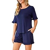 Womens Pajamas Set Short Sleeve Top and Ruffled Shorts Sleepwear with Pockets Two Piece Matching Outfits Set