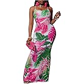 SOLY HUX Women's Tropical Print Maxi Dress Spaghetti Strap Bodycon Summer Vacation Long Dresses